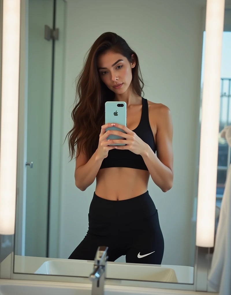 Brunette influencer, instagram fitness, taking a picture in front of the bathroom mirror, IPhone 15, black Nike leggings and black sports bra, bathroom