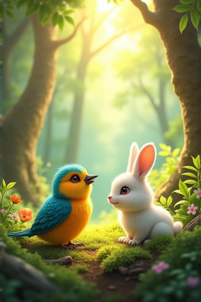 Create an image of a vibrant, sunny day with a small, colorful bird and a cute rabbit in a lush, green forest.