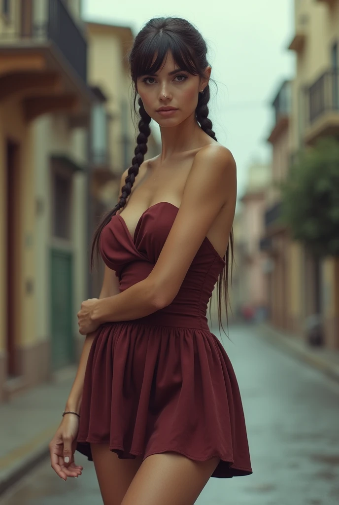 no bra, perfect breasts. realistic body shot photo of a spanish brunette woman standing in front of the camera wearing a ((wide waist gathered mini dress)), bangs short braids hair. (Open legs pose:1.9), slim thighs, space between legs. It's cloudy and hot. glamour photoshoot, street, perfect slim figure, beautiful face, perfect anatomy, fit arms and shoulders, looking into the camera, (standing in front of the camera:1.2), (facing the camera:1.5), strong arms snd shoulders. (round hips:1.2), (skinny hips:1.3), 40 yo woman. (Eye makeup:1.1), (highly detailed skin:1.1), RAW, analog style, sharp focus, 8k UHD, DSLR, high quality, Fujifilm XT3, grain, award winning, masterpiece.