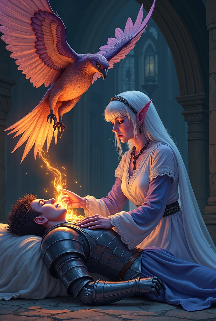 (Ultra-detailed face, looking away, Fantasy Illustration with Gothic, Ukiyo-e, Comic Art, Rich colors),
BREAK
(A female dark elf healer is tending to a wounded male knight in iron armor lying on the floor, attempting to channel the god she worships. A flame-clad falcon flutters widely above the knight, and an aura of fiery life flows from the falcon's body into the knight's body.),
BREAK
(The place is a medieval European-style church room used as a field hospital. It is dark outside and there is a small lamp in the room.),
BREAK
(DarkElves: A young-aged dark elf woman with silver color hair, blunt bangs, bob cut and dark purple color skin, lavender color eyes.),
BREAK
(DarkElves: A female dark elf healer wears a white veil, a simple robe of lacy linen, a blue tunic, and white nurse's shoes.)