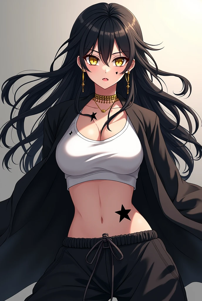 at only . Gives off a powerful and intimidating aura, She is a strong and incredibly beautiful woman. black hair with white tips was combed with loose hair, The hair ends in wavy white tips, The eyes were golden and shine like diamonds, under the eyes a black 5-pointed star as a mark on his face, has more of these stars throughout the body. She is wearing loose black pants and a white top., un haori negro. She wears a thin gold chain as a choker, in the ears earrings, some small gold hoops, She has a gold navel ring as well.. Do it like an anime character from Jujutsu Kaisen.