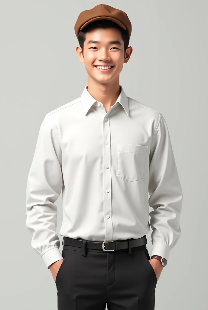 Create a cheerful young man in a white shirt, Black pants, forward and brown cap