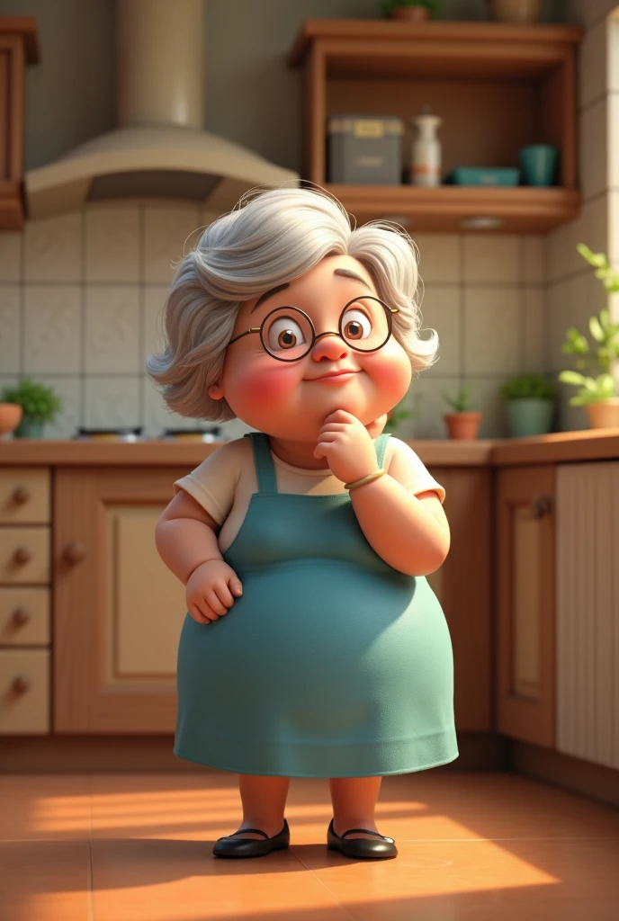 a chubby lady in a blue dress, white hair and glasses in the kitchen, thoughtful and hand on chin, 3D cartoon style, cinematic