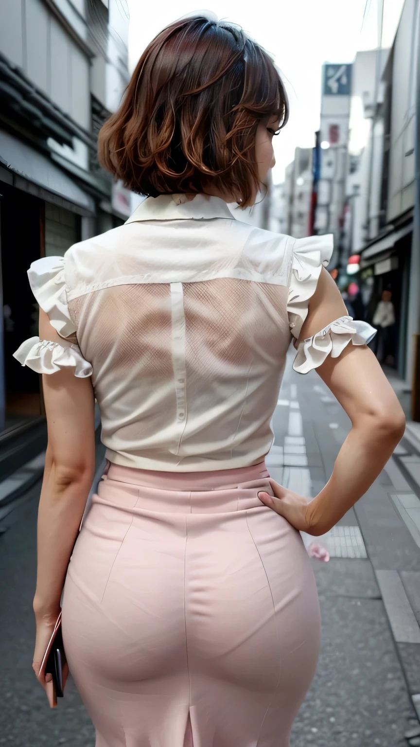 (Japanese woman looking back on Tokyo street:1.4、p-line:1.4)、(Realistic、Like a photograph、Live Action、8k, Realistic, RAW Photos, Best image quality: 1.4), Single-lens reflex camera、RAW Photos, Highest quality, Realistic, Very detailed CG Unity 8k wallpaper, Written boundary depth, Cinematic Light, Lens flare, Ray Tracing, Realistic background、(Blouses with ruffles:1.4、Tight long skirt:1.1、Mermaid Skirt、Attractive hip line、Line of panties)、((ultra high density skin))、 Cute Japanese Woman、((whole body:1.5)),(short hair:1.2、tie your hair with a hair clip)、I like that style、stylish、Very detailed、Pay attention to the details、Perfect outfit、(Sunburned skin)、View from behind