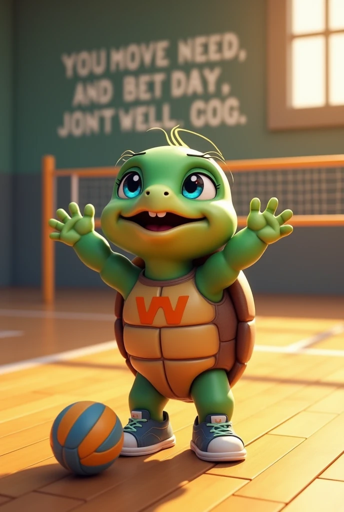 Waku, an adorable turtle with vibrant green skin and a rich brown shell, looks up with bright blue eyes shining with excitement, as if celebrating a triumphant spike, stands on a modern volleyball court covered with polished wooden floors and walls. adorned with motivational quotes in bold, white, sans-serif font, with a volleyball prepared to serve, wearing a small tank top with a stylized orange lowercase "W" logo on the chest, her tiny sneakers In the next service, a few strands of sweat-soaked hair stick to her forehead, capturing the essence of her cheerful and competitive spirit, with soft, warm lighting casting a comforting glow on the overall scene. .