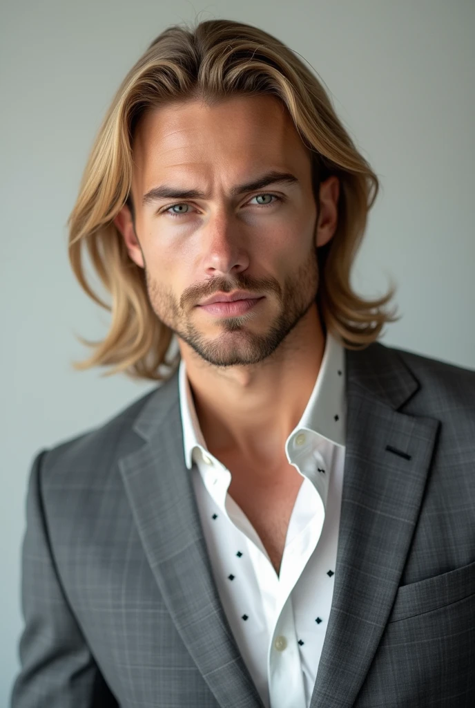 Long hair man, hair blonde, very smooth, with gray suit and white clothes with black dots