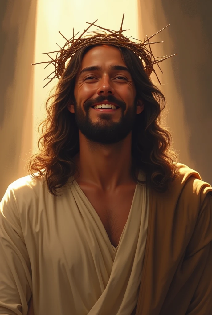 A serene image of Jesus Christ with a crown of thorns on His head. He is depicted with a peaceful and gentle smile, radiating compassion and warmth. The background is soft, with warm tones that highlight His expression of kindness. His eyes are soft and inviting, conveying a deep sense of love and understanding. The lighting emphasizes the gentle features of His face, creating a calm and comforting atmosphere. The crown of thorns is delicately placed, with small shadows that enhance the depth and realism of the image. Jesus' attire is simple, with a traditional robe that drapes naturally over His shoulders, adding to the overall serene and divine presence.