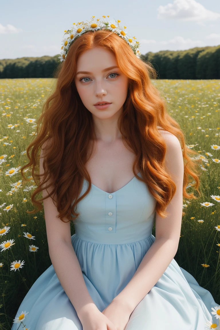 (Girl:1.2),alone, (long curly ginger hair:1.1), blue eyes, Wear a crown of daisies on your head., Sitting in a field of daisies, (Fruit basquet:1.1), naked ,raw,Photographic,photographic shadows,actual,Ridiculous,Aesthetic,elegant
