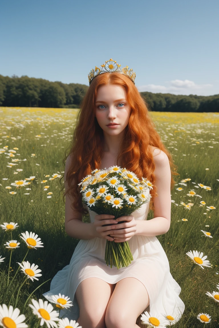 (Girl:1.2),alone, (long curly ginger hair:1.1), blue eyes, Wear a crown of daisies on your head., Sitting in a field of daisies, (Fruit basquet:1.1), naked ,raw,Photographic,photographic shadows,actual,Ridiculous,Aesthetic,elegant