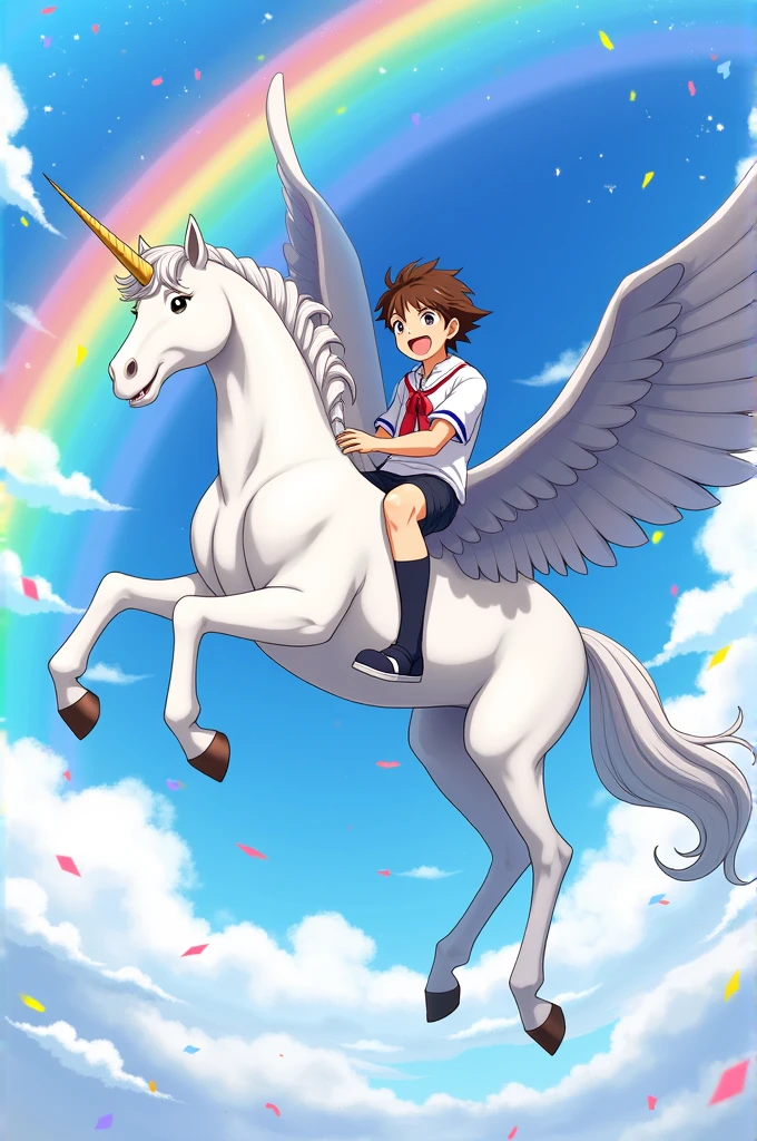 Image by Oikawa Toruu (Haikyuu anime/manga) riding a flying unicorn with rainbows and sparkles
