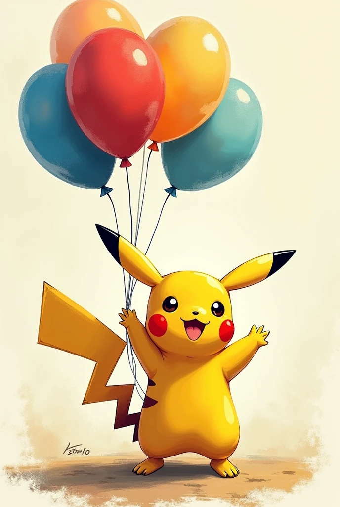 pikachu holding balloons in red colors, blue and yellow in one hand in vector, with painting similar to dry pastel