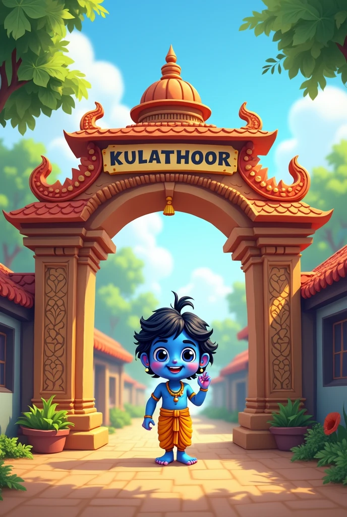A temple arch is in a village and write temple name in the arch board KULATHOOR DEVI TEMPLE and a cute little cartoon big face blue krishna is standing in the centre of the arch one hand in his beside of stomach and other hand is up and showing hai with smiling face