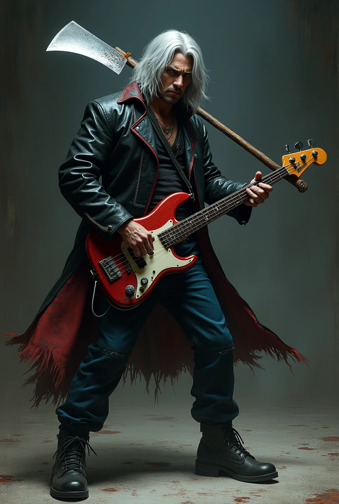 naughty man, stark, bass guitar, Silvery medium hair, machete with silver blade, blue and black pants, Black and red coat, black shoe