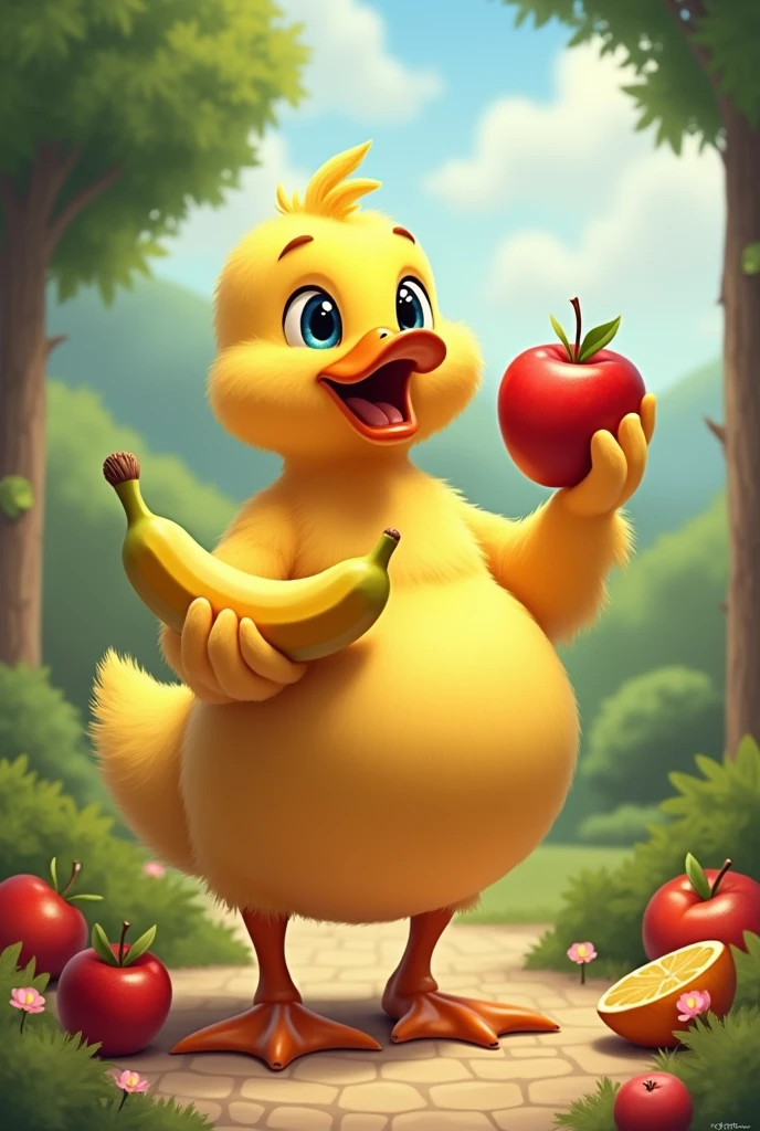 A duck with apples and bananas in its hands eating