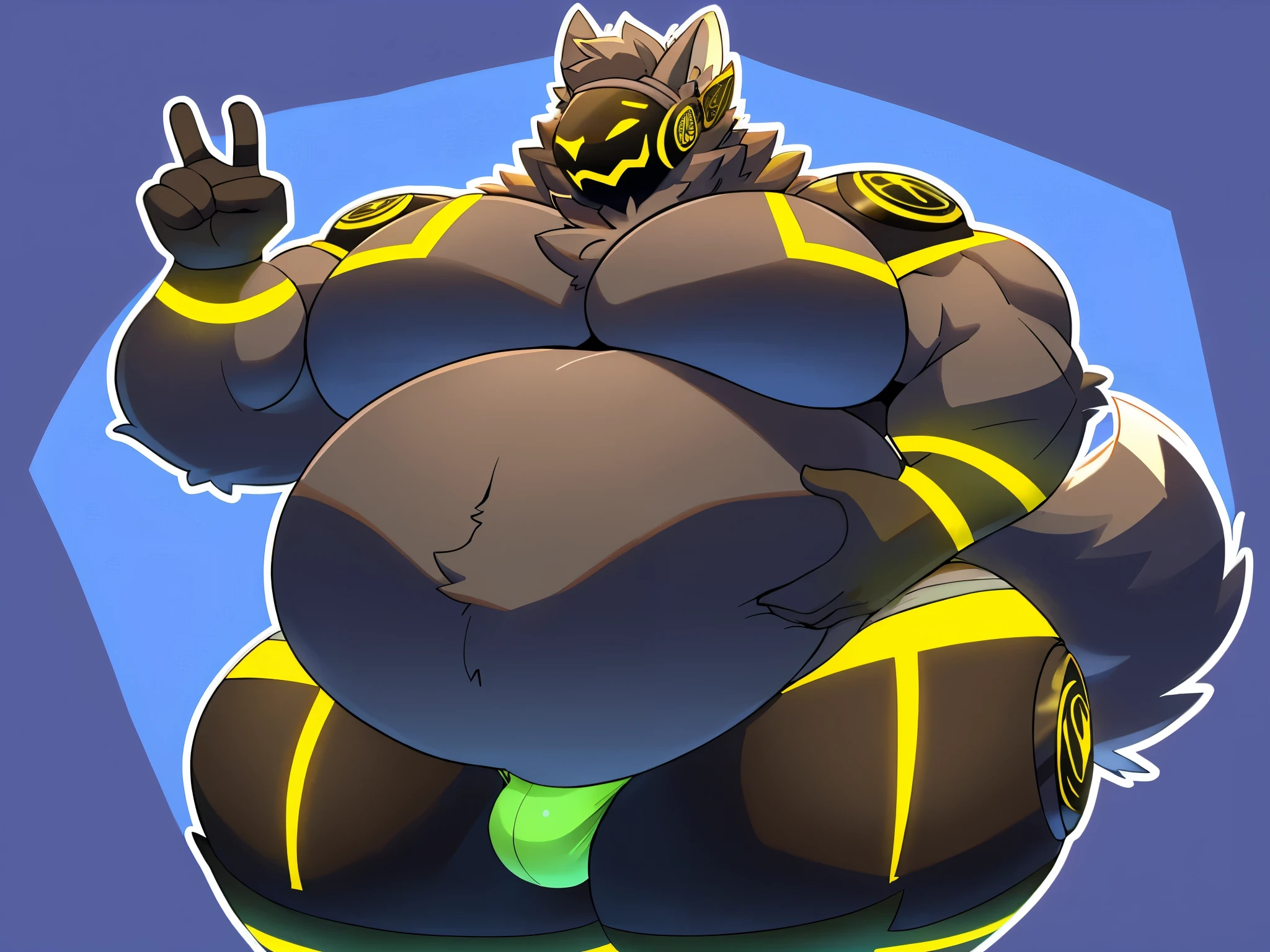 Profile picture of a ((Solo)), 1 boy, male, very largest, ((bara)), buff, extremely thickened overweight body, ((((4000 pounds)))):2, ((((((massive fluffy belly)))))), (((((massive thighs, massive curves, massive pecs, massive biceps))))):2.5, ((((yellow)))), fluffy, ((hunky)) (((protogen))) with, (((protogen visor))):1.3, wearing smoothly tight fabric briefs, (bulge), holding belly gesture, simple background with stripes