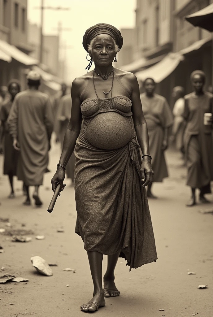 1914. Abuja, capital district, A city in chaos; naked granny in Russian folk kokoshnik walks with a Cuban cigar