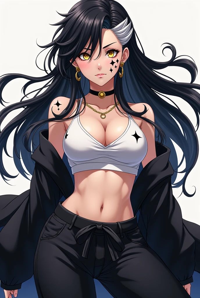 at only . Gives off a powerful and intimidating aura, She is a strong and incredibly beautiful woman. black hair with white tips was combed with loose hair, The hair ends in wavy white tips, The eyes were golden and shine like diamonds, under the eyes a black 5-pointed star as a mark on his face, has more of these stars throughout the body. She is wearing loose black pants and a white top., un haori negro. She wears a thin gold chain as a choker, in the ears earrings, some small gold hoops, She has a gold navel ring as well.. Do it like an anime character from Jujutsu Kaisen.