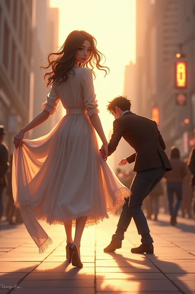 Woman walks and the end of her scarf falls to the floor a man bends down to pick up the end of the scarf