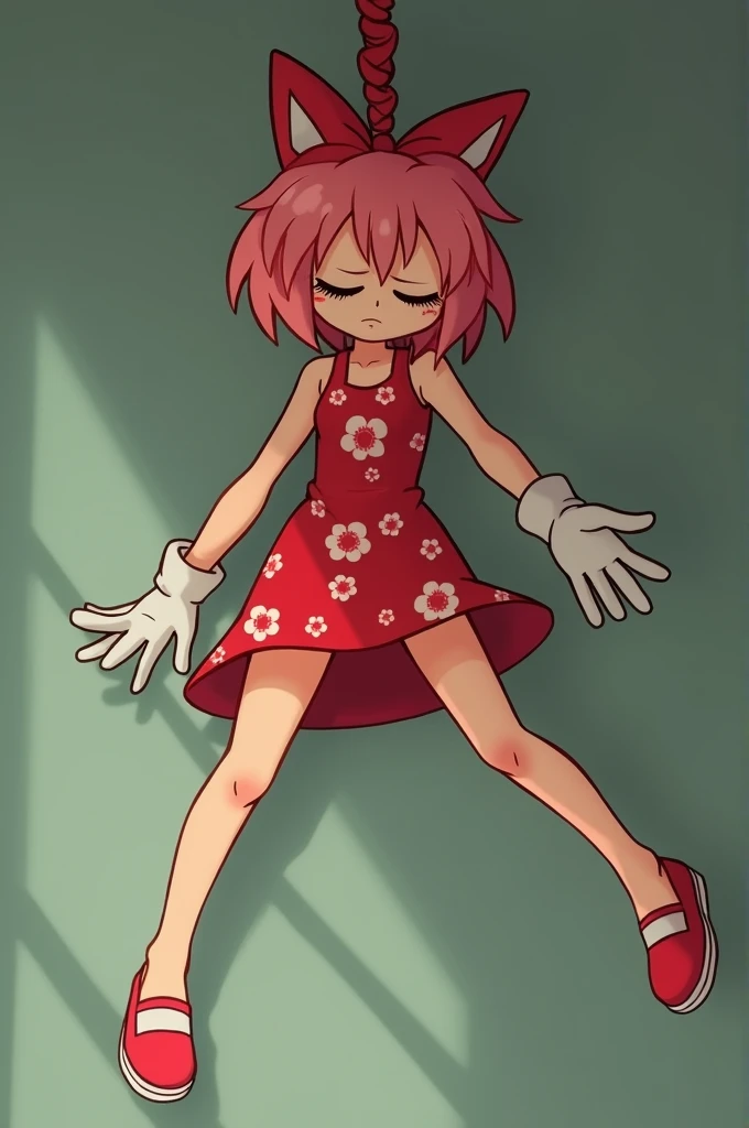 Amy rose in a red short dress with a floral pattern, hanging in a noose in the air with outstretched legs, tired, eyes closed, head down