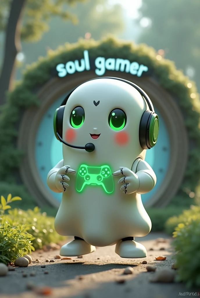 Create a medium-sized robot pet with a ghost-like appearance. Resembling a drop. On his hands he has five well-defined fingers. His facial expression has large, green eyes with a glow, conveying a friendly and cheerful expression. He has a small open mouth with a happy smile and flushed cheeks.. Its body is white with small green details and a smooth, slightly shiny texture.. He has a headset on his head with an adjustable microphone positioned close to his mouth.. And on his chest you can see the illuminated shape of a Playstation 5 controller in fluorescent green.. It floats in the air, as if he were ready for an adventure. Behind the character you can see a portal and on it is written "Soul Gamer"