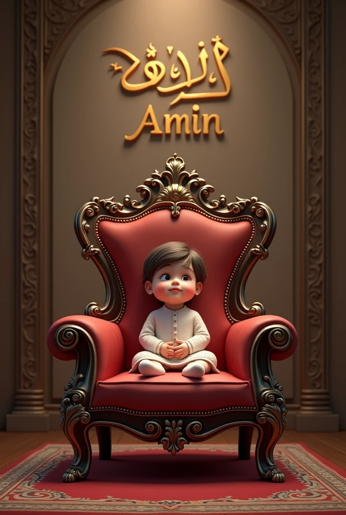 Create a realistic image a boy is 2 sitting in a king chair with wing behind the wall is written " Ruhul Amin" in curve style 
