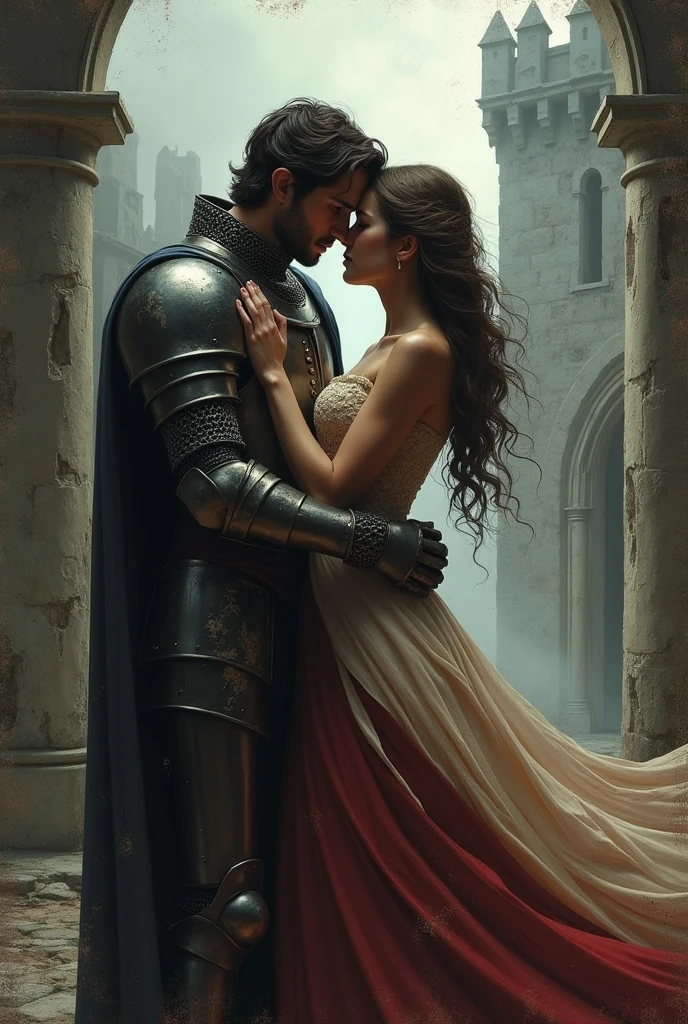 Knight and lady embracing, dark fantasy medieval art grainy effect 