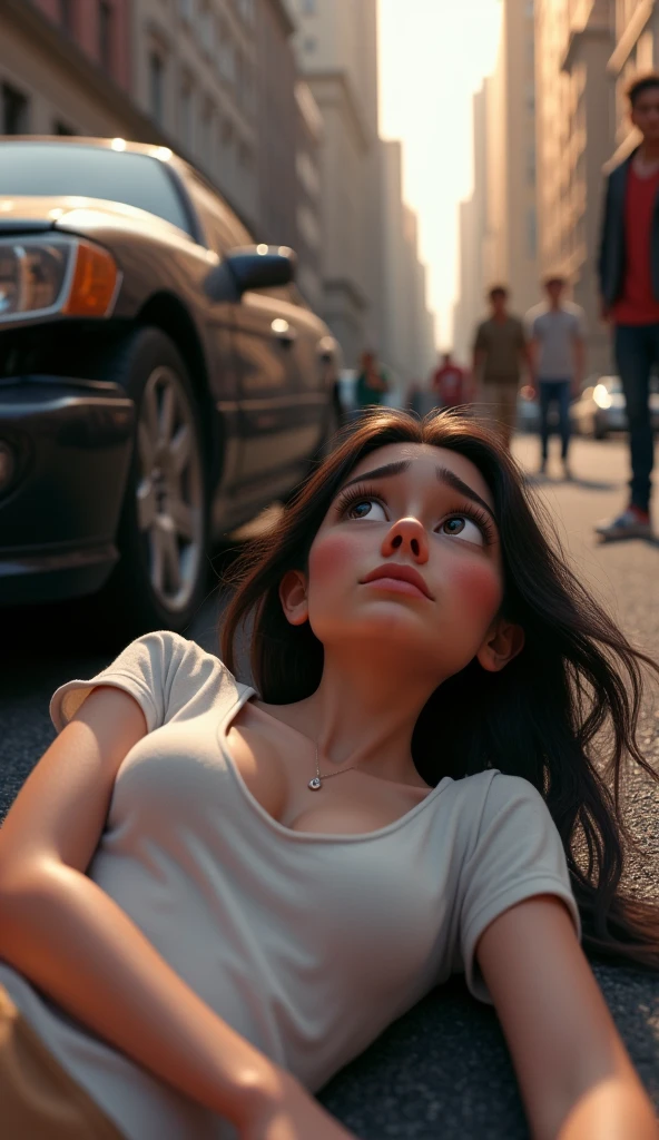 A sad georgous young woman with white t-shirt hit by a car, pixar , cinematic masterpiece aesthetic, realistic 