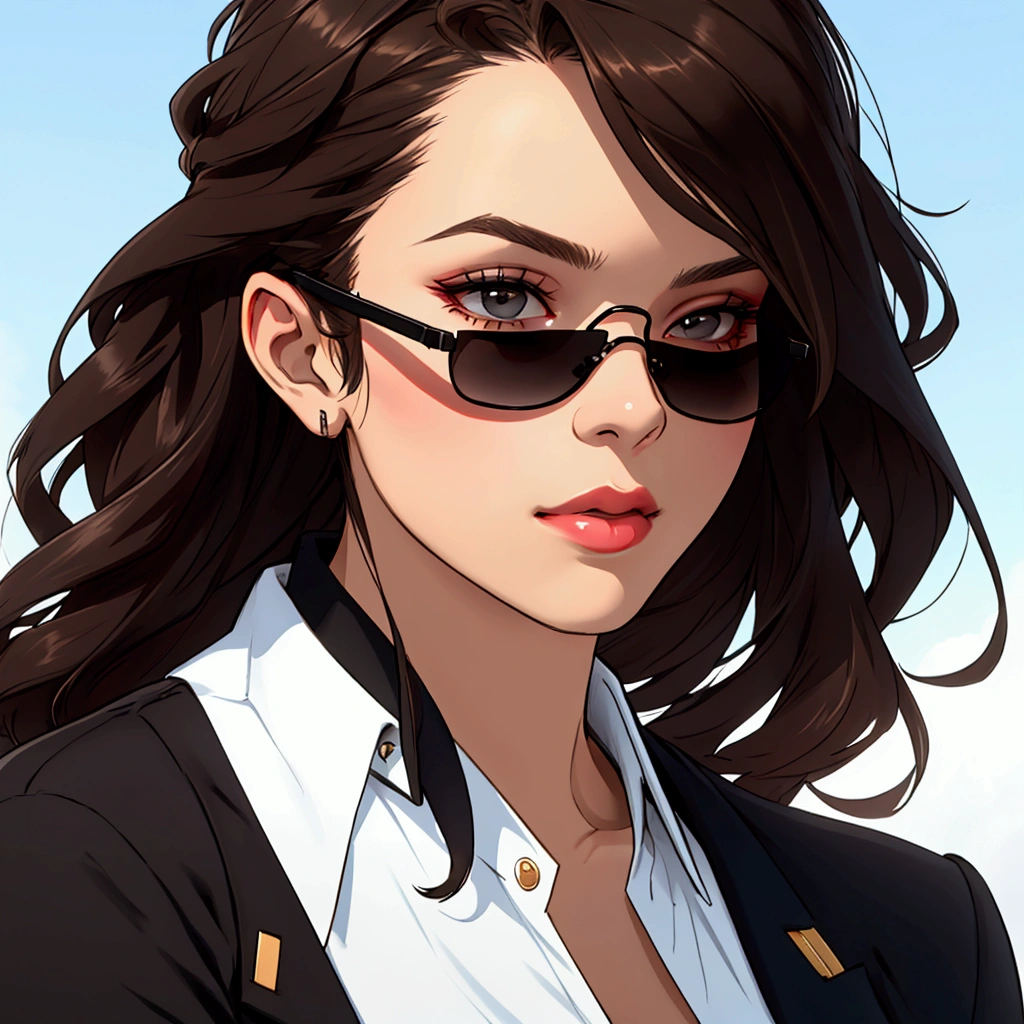 Create profile of young woman with dark brown hair looking straight ahead, to wear black sunglasses
