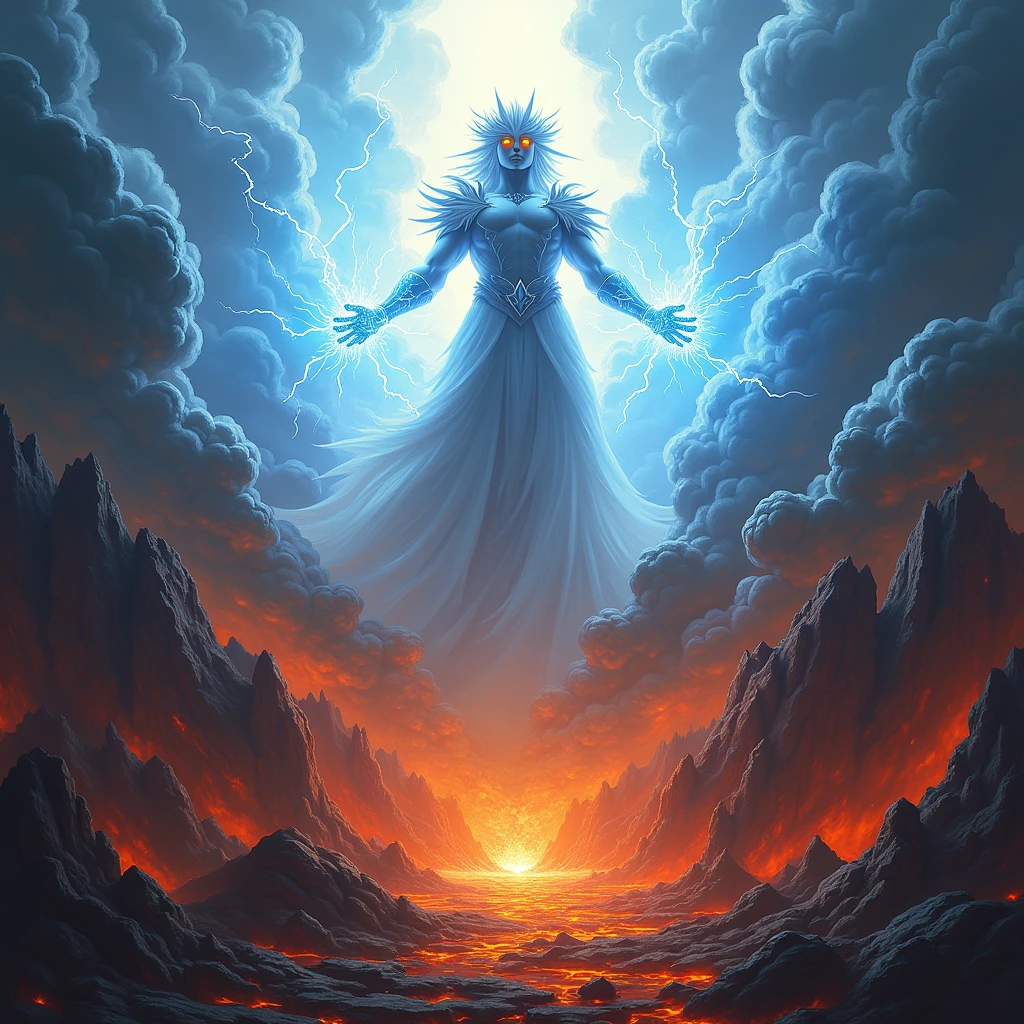 Epic picture, Top Image God with White Hair and Bright Blue Yellow Eyes with Lightning in Hands in Heaven Majestic Silhouette, A bright light shines around him, Lightning Blue and Yellow, The Second Part of the Picture, Bottom Hell Hellish Beasts Colossus Enormous Magma Everywhere, Splashes with Fire, All in Stone and Magma, Looks at God ,Fury, Clear drawing of details, Full Epic Scene Picture, Feeling Threat, Fury, anger, Wide Format Image, Dark Dynamic Shadows, beauty, bright colors, An unforgettable picture,