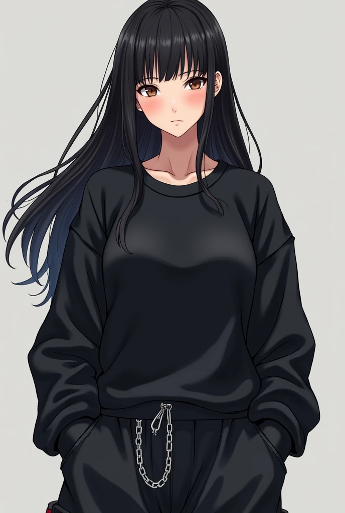 Full-body. Physically attractive woman with long black hair with bangs, dark brown eyes, wearing a black sweatshirt, an oversized pair of pants with a silver chain hanging on the side of the pants. Naruto anime style. Full-body