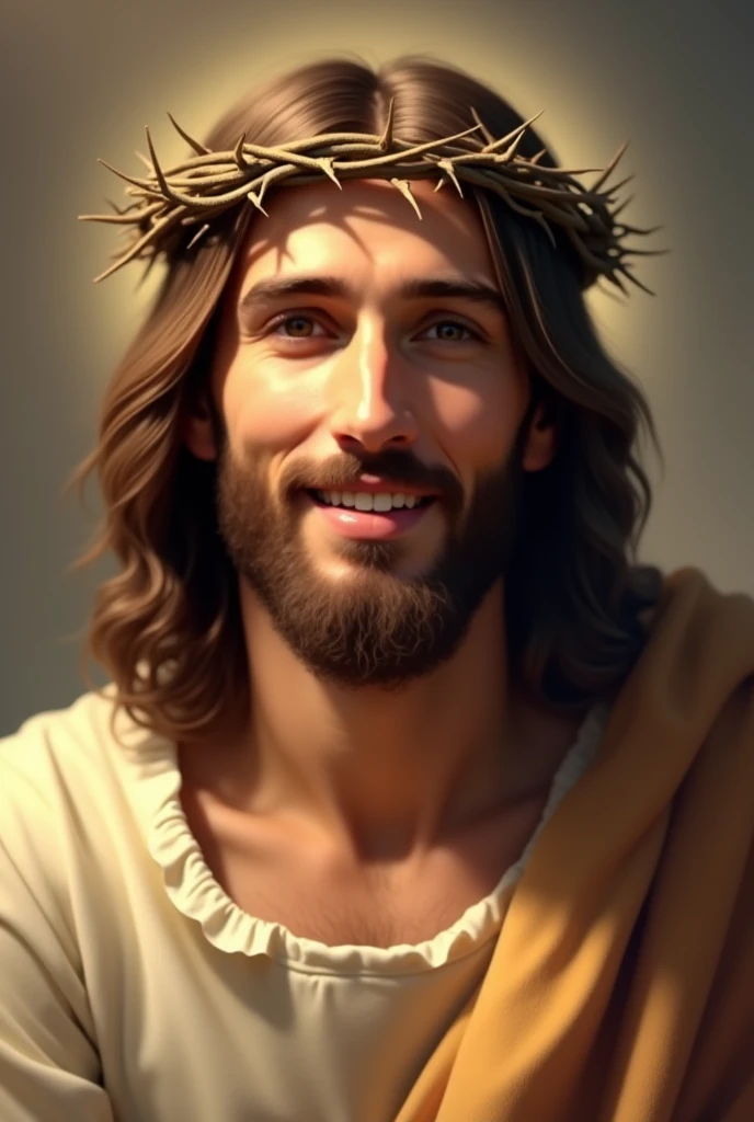 A serene image of Jesus Christ with a crown of thorns on His head. He is depicted with a peaceful and gentle smile, radiating compassion and warmth. The background is soft, with warm tones that highlight His expression of kindness. His eyes are soft and inviting, conveying a deep sense of love and understanding. The lighting emphasizes the gentle features of His face, creating a calm and comforting atmosphere. The crown of thorns is delicately placed, with small shadows that enhance the depth and realism of the image. Jesus' attire is simple, with a traditional robe that drapes naturally over His shoulders, adding to the overall serene and divine presence.