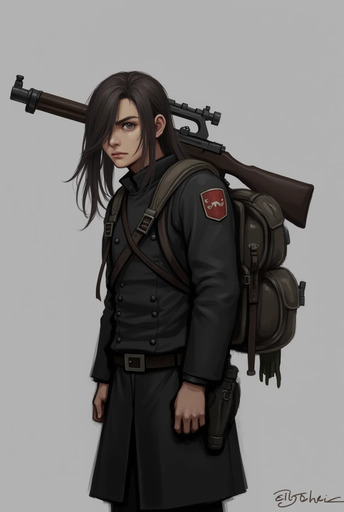with a gun on his back and a sad face