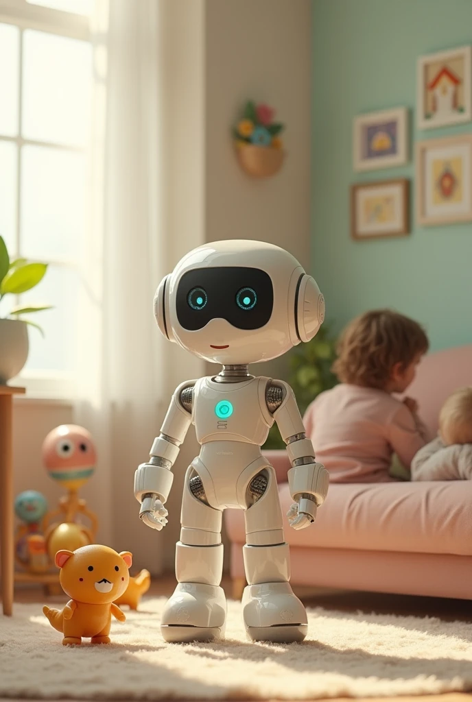 A babysitting robot that takes care of children that is human with a more human shape, being feminine but docile without being ugly