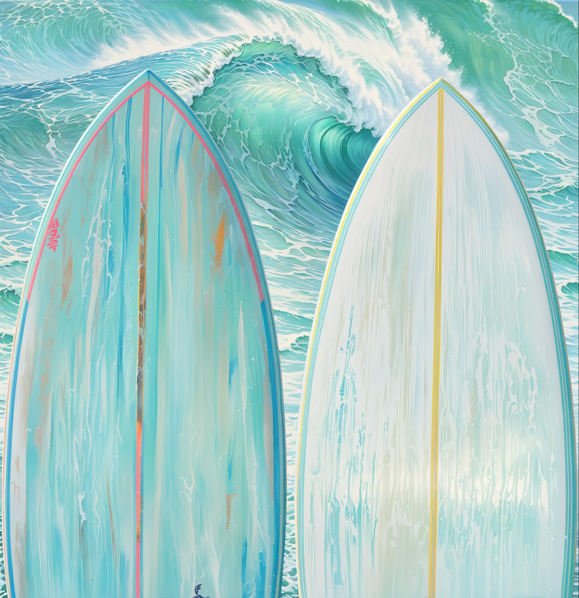 there are two surfboards standing in the water next to each other, an oil painting. wave, standing on surfboards, rob rey and kentaro miura style, surf, jim warren, detailed soft painting, big wave surfing, ride the wind and waves, cresting waves and seafoam, daniel r horne