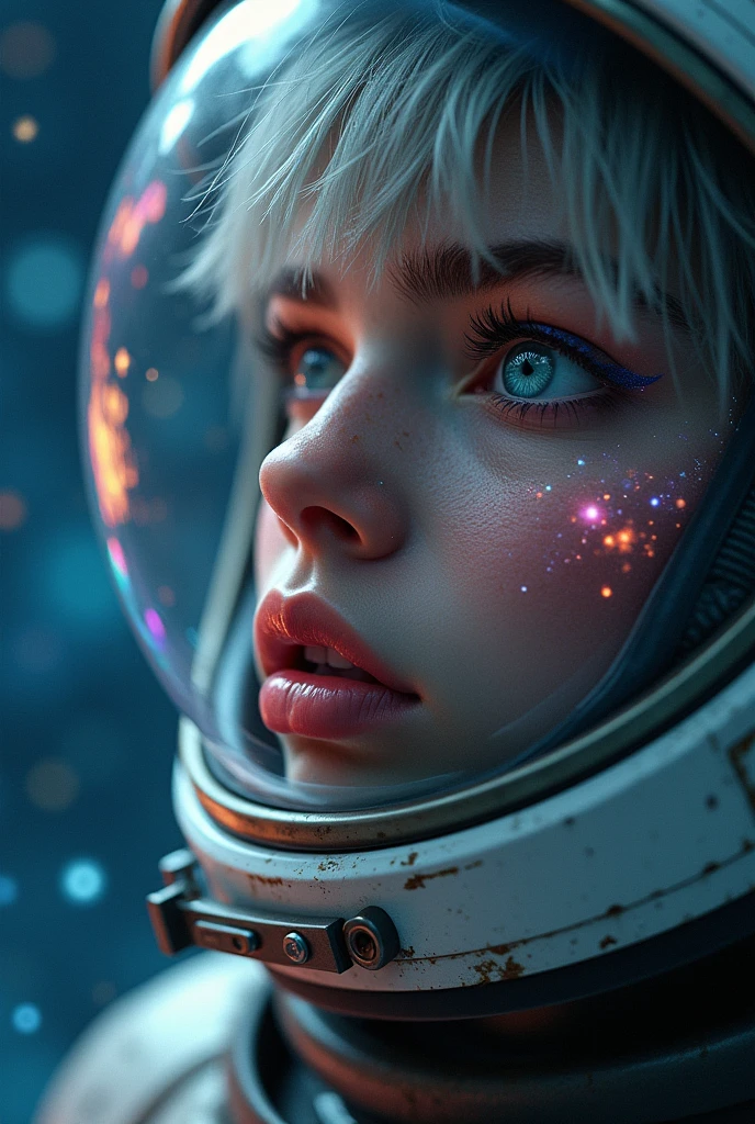 (Close-up of a better masterpiece:1.5)0.9], (Space and astronauts:1.2) (Messy silver hair:1.1) (Heterochromia xanthochromia and blue eyes:1.2) (Space Helmet:1.0) (Colored stars in the eyes:1.0) (A radiant glow:1.1) (thick lips:0.9)