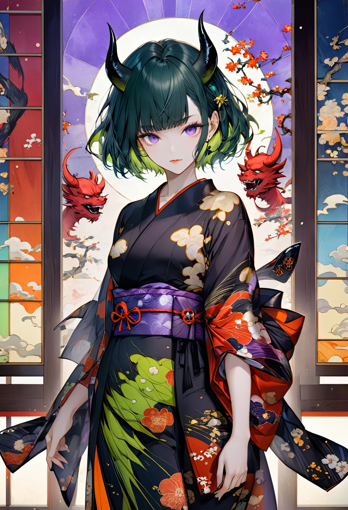 Ukiyo-e, Japanese painting, woodblock print, Beautiful woman, Wearing colorful open-necked kimonos, Background stained glass, Conceptual installation art, (Super detailed, The absolute solution, Highest quality:1.3), 2.5D, delicate and dynamic, artistic, Hyper, Graphics CG Digital Art、Green Hair、Purple Eyes、short hair、whole body、front、Two Demon Horns、geta、Character portrait