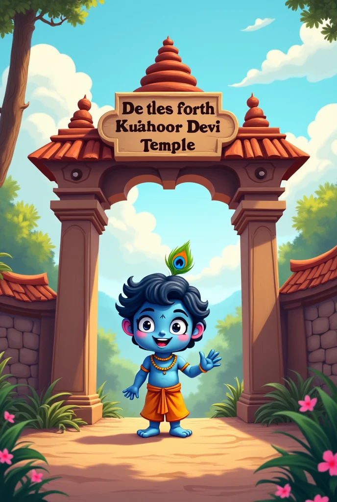 A temple arch is in a village and write temple name in the arch board KULATHOOR DEVI TEMPLE and a cute little cartoon big face blue krishna is standing in the centre of the arch one hand in his beside of stomach and other hand is up and showing hai with smiling face , a peacock feather on the head