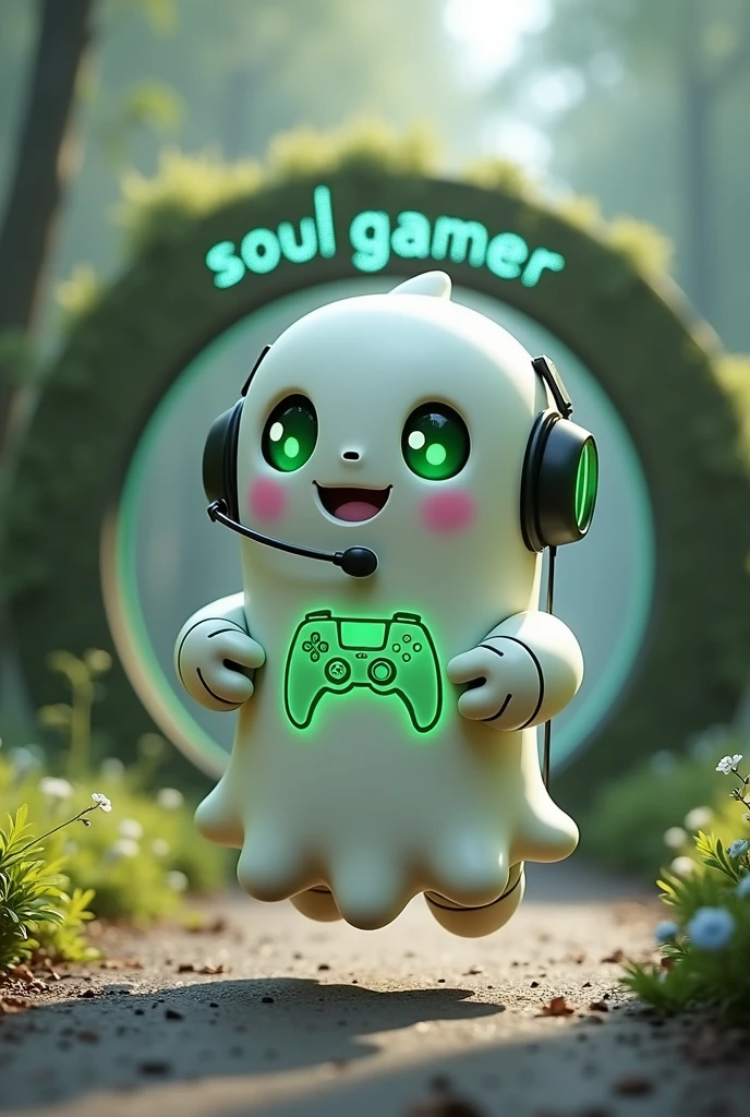 Create a medium-sized robot pet with a ghost-like appearance. Resembling a drop. On his hands he has five well-defined fingers. His facial expression has large, green eyes with a glow, conveying a friendly and cheerful expression. He has a small open mouth with a happy smile and flushed cheeks.. Its body is white with small green details and a smooth, slightly shiny texture.. He has a headset on his head with an adjustable microphone positioned close to his mouth.. And on his chest you can see the illuminated shape of a Playstation 5 controller in fluorescent green.. It floats in the air, as if he were ready for an adventure. Behind the character you can see a portal and on it is written "Soul Gamer"