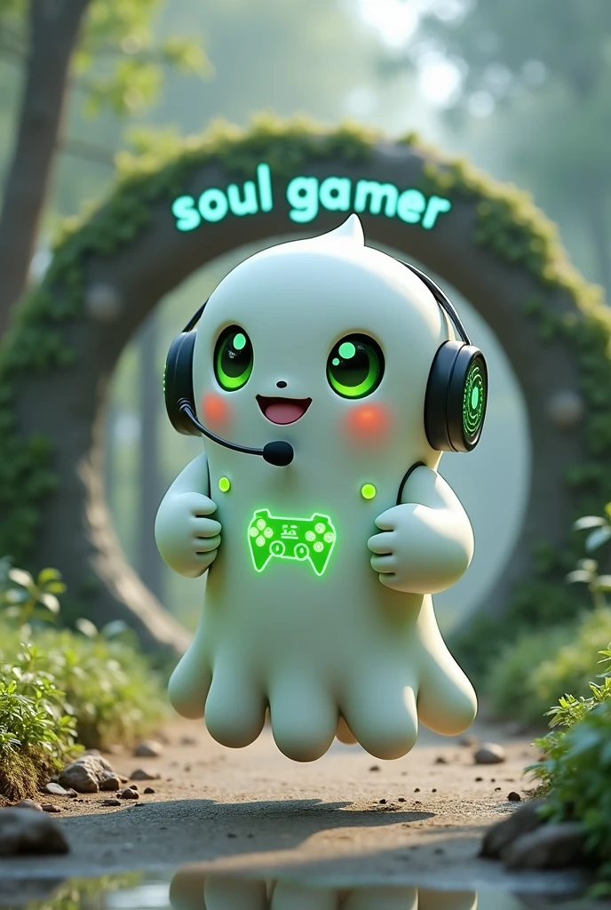 Create a medium-sized robot pet with a ghost-like appearance. Resembling a drop. On his hands he has five well-defined fingers. His facial expression has large, green eyes with a glow, conveying a friendly and cheerful expression. He has a small open mouth with a happy smile and flushed cheeks.. Its body is white with small green details and a smooth, slightly shiny texture.. He has a headset on his head with an adjustable microphone positioned close to his mouth.. And on his chest you can see the illuminated shape of a Playstation 5 controller in fluorescent green.. It floats in the air, as if he were ready for an adventure. Behind the character you can see a portal and on it is written "Soul Gamer"