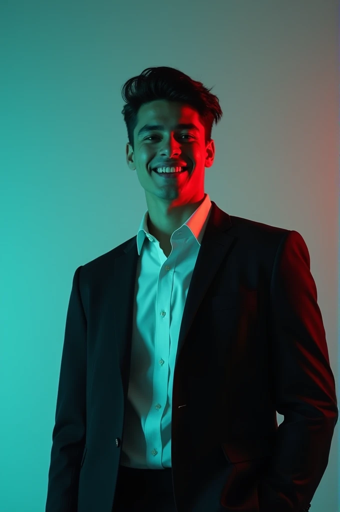 @๐ฅ_๐ ๐ข ๐ ๐ ๐_______๐ป๐ฌ:A young Man With Dark hair and a confident smile He is Dressed in a black blazer over a white shirt The man is positioned against aqua colour backdrop with a subtle red lighting on t