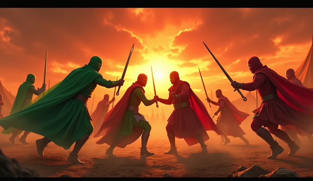 2 men who weared green battle suit, full face was shining like a sun , 1st men have sword, 2nd men javelin and both men  are fight with 8 men which wear red battle suit every men has sword Sun set, blood sky, burning tents, burning date trees