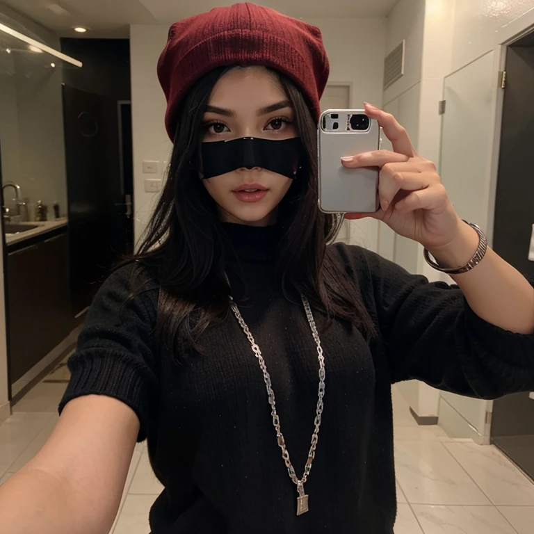 Sexy girl with long black hair taking a selfie with a black mask, a red sweater and a black cap with a black cap and silver chain