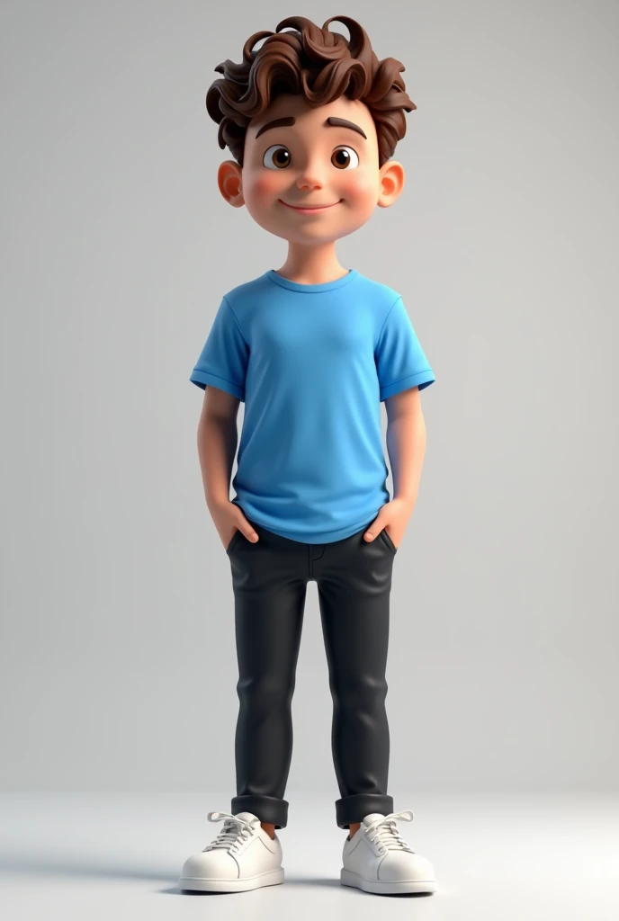 Create a 3D male mascot with curly brown hair and no beard who wears black pants and a blue shirt without a logo and white sneakers.