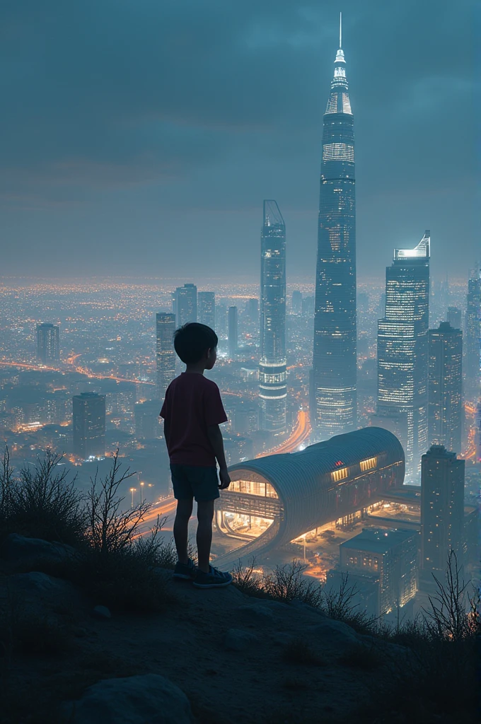 1 boy looking from the top of a hill in the middle of the night to the most futuristic and luxurious city on the planet, Next to the young man is a hut made of futuristic garbage where the video