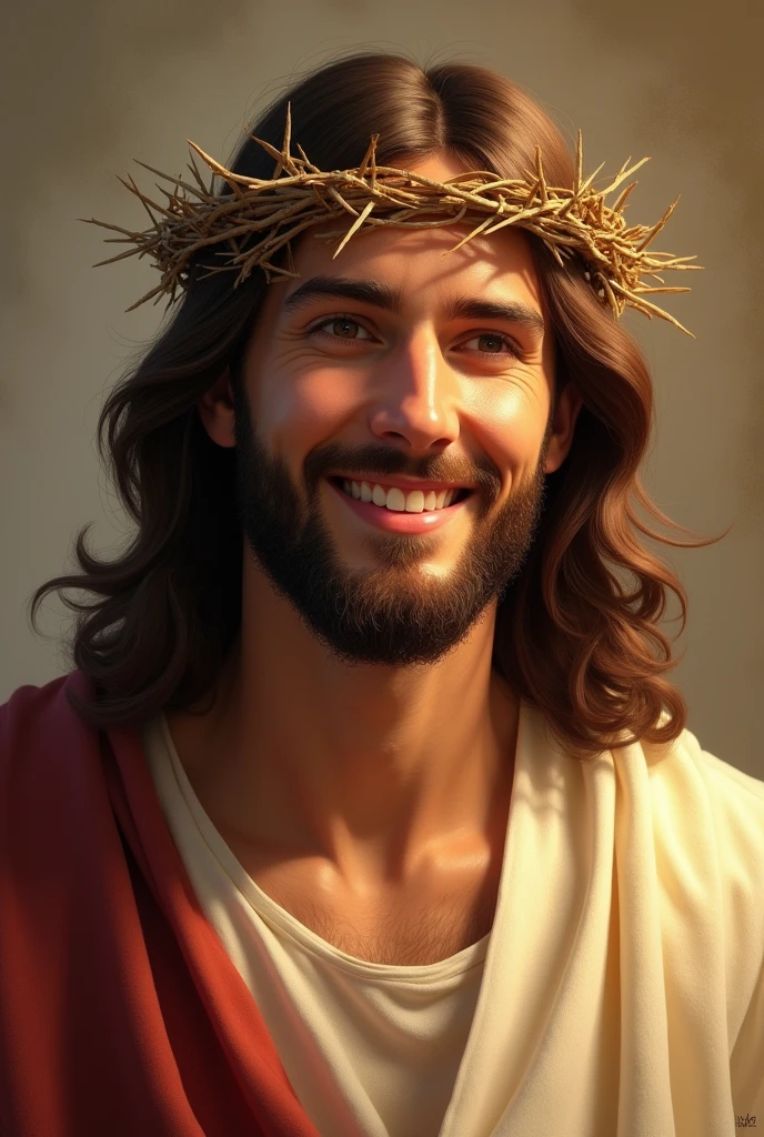 A serene image of Jesus Christ with a crown of thorns on His head. He is depicted with a peaceful and gentle smile, radiating compassion and warmth. The background is soft, with warm tones that highlight His expression of kindness. His eyes are soft and inviting, conveying a deep sense of love and understanding. The lighting emphasizes the gentle features of His face, creating a calm and comforting atmosphere. The crown of thorns is delicately placed, with small shadows that enhance the depth and realism of the image. Jesus' attire is simple, with a traditional robe that drapes naturally over His shoulders, adding to the overall serene and divine presence.