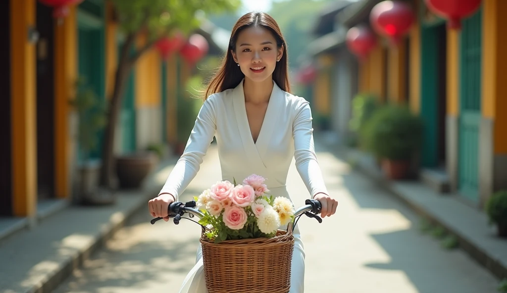 Make a photo of a Vietnamese female model wearing a white Ao Dai. Riding a bike on an old street. 50mm lens. bright. realistic. Focus your eyes well. Full shot. Make a basket and a bouquet of flowers in front of the bike. 