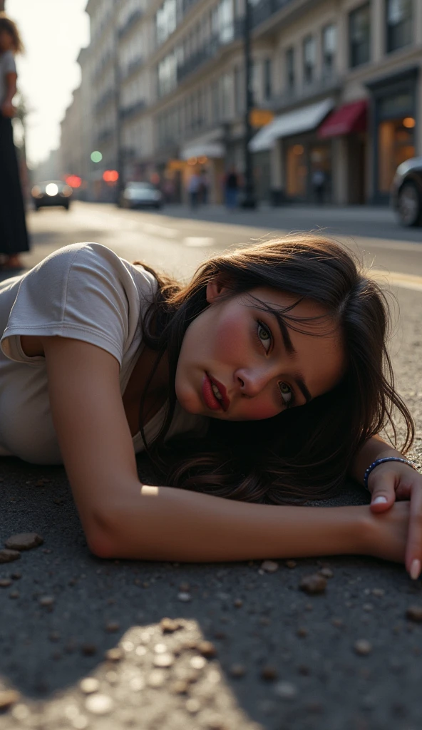 A sad georgous young woman with white t-shirt hit by a car, pixar , cinematic masterpiece aesthetic, realistic 