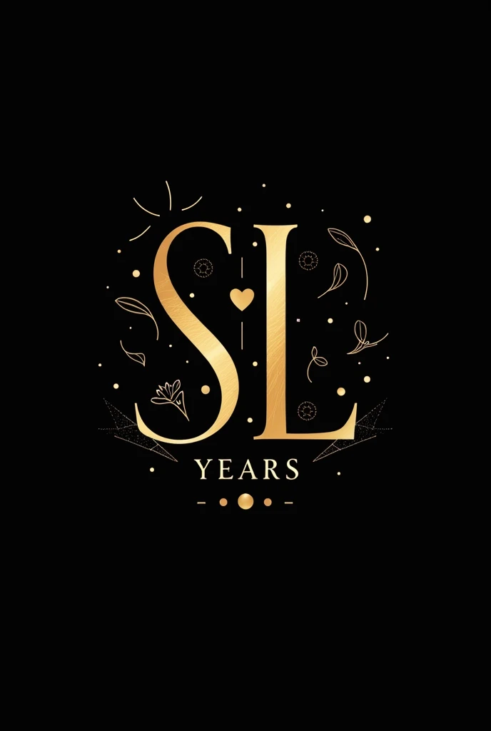 Create an abstract visual identity for Sheilla&#39;s 50th birthday party. Highlight the initials &#39;SL&#39; in metallic gold on a black background, with an abstract and elegant design around. Use sophisticated shapes and patterns to complement initials. Replace &#39;ANNIVERSARY&#39; with &#39;YEARS&#39; in a smaller serif font, positioned below the initials. The image must convey elegance and a touch of exclusivity.