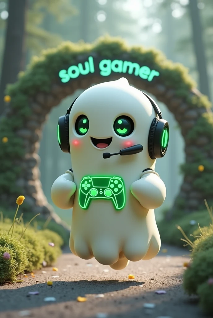 Create a medium-sized robot pet with a ghost-like appearance. Resembling a drop. On his hands he has five well-defined fingers. His facial expression has large, green eyes with a glow, conveying a friendly and cheerful expression. He has a small open mouth with a happy smile and flushed cheeks.. Its body is white with small green details and a smooth, slightly shiny texture.. He has a headset on his head with an adjustable microphone positioned close to his mouth.. And on his chest you can see the illuminated shape of a Playstation 5 controller in fluorescent green.. It floats in the air, as if he were ready for an adventure. Behind the character you can see a portal and on it is written "Soul Gamer"