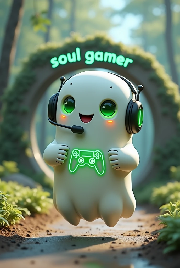 Create a medium-sized robot pet with a ghost-like appearance. Resembling a drop. On his hands he has five well-defined fingers. His facial expression has large, green eyes with a glow, conveying a friendly and cheerful expression. He has a small open mouth with a happy smile and flushed cheeks.. Its body is white with small green details and a smooth, slightly shiny texture.. He has a headset on his head with an adjustable microphone positioned close to his mouth.. And on his chest you can see the illuminated shape of a Playstation 5 controller in fluorescent green.. It floats in the air, as if he were ready for an adventure. Behind the character you can see a portal and on it is written "Soul Gamer"
